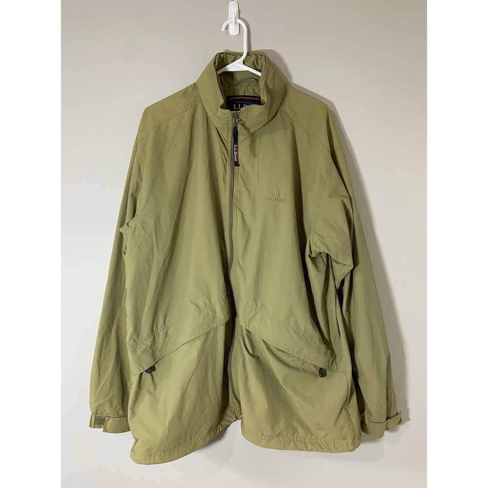 L.L. Bean Windbreaker Jacket Mens L Beige Nylon Full‎ Zip Pockets Hooded Outdoor